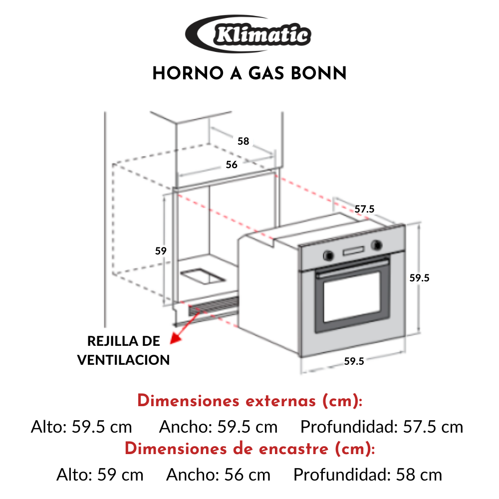 Horno Empotrable a Gas BONN 70L Marca Klimatic – Klimatic Línea