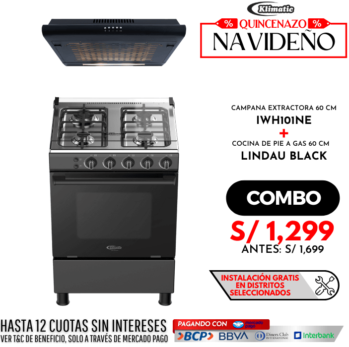 combo cocina de pie a gas 4 hornillas lindau black + campana extractora iwh101ne todo marca klimatic