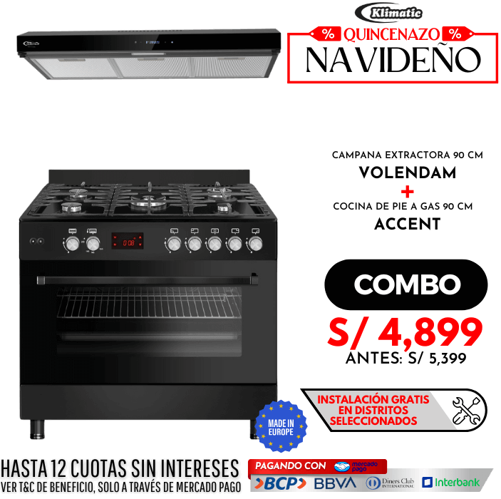 combo cocina de pie a gas 5 hornillas accent + campana extractora volendam todo marca klimatic