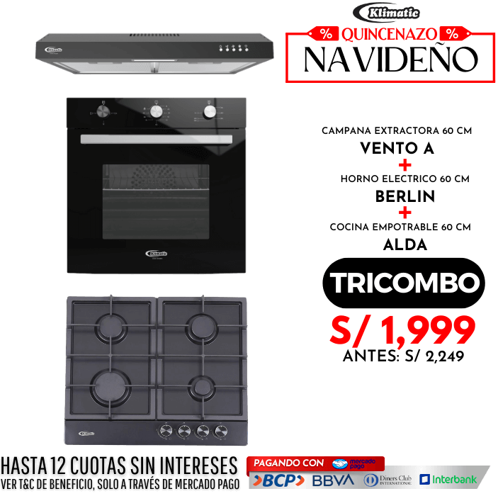 tricombo cocina empotrable a gas 4 hornillas alda + horno empotrable eléctrico berlin + campana extractora vento-a todo marca klimatic