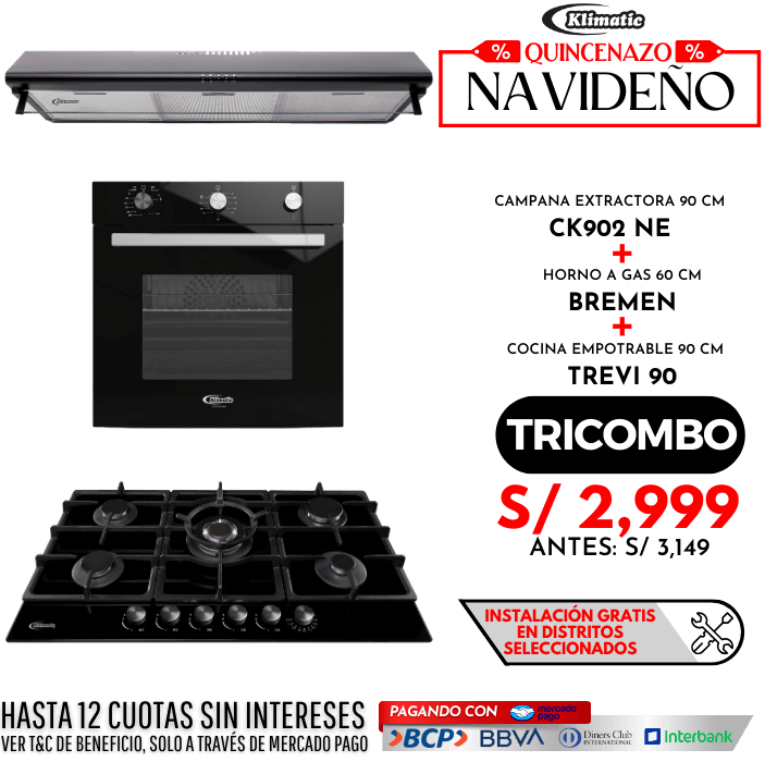 tricombo cocina empotrable a gas 5 hornillas trevi 90 + horno empotrable a gas bremen + campana extractora ck902ne todo marca klimatic