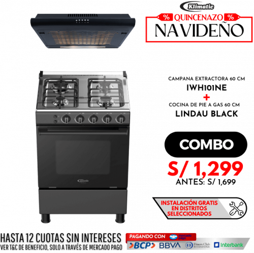 combo cocina de pie a gas 4 hornillas lindau black + campana extractora iwh101ne todo marca klimatic