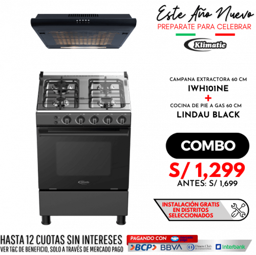 combo cocina de pie a gas 4 hornillas lindau black + campana extractora iwh101nem marca klimatic