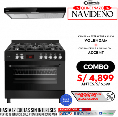 combo cocina de pie a gas 5 hornillas accent + campana extractora volendam todo marca klimatic