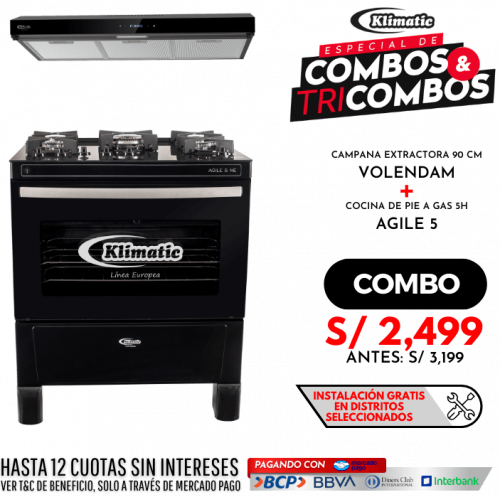 combo cocina de pie a gas 5 hornillas modelo agile 5ne + campana extractora volendam marca klimatic