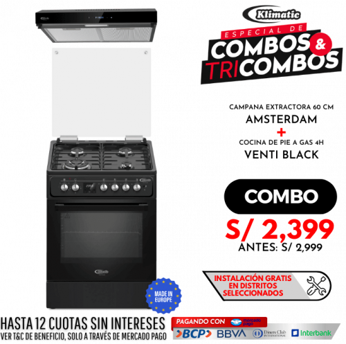 combo cocina de pie a gas 5 hornillas modelo venti black + campana extractora amsterdam marca klimatic