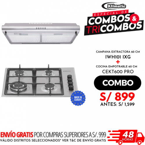 combo cocina empotrable 4 hornillas modelo cekt600pro + campana extractora iwh101ixg marca klimatic