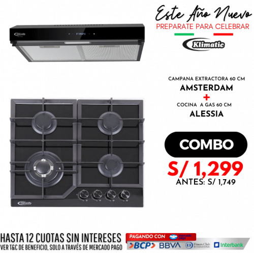 combo cocina empotrable a gas 4 hornillas alessia + campana extractora amsterdam marca klimatic