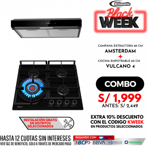 combo cocina empotrable a gas 4 hornillas modelo vulcano 4 + campana extractora modelo amsterdam marca klimatic