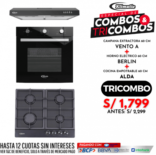 tricombo cocina empotrable 4 hornillas modelo alda + campana extractora vento a + horno empotrable electrico berlin marca klimatic