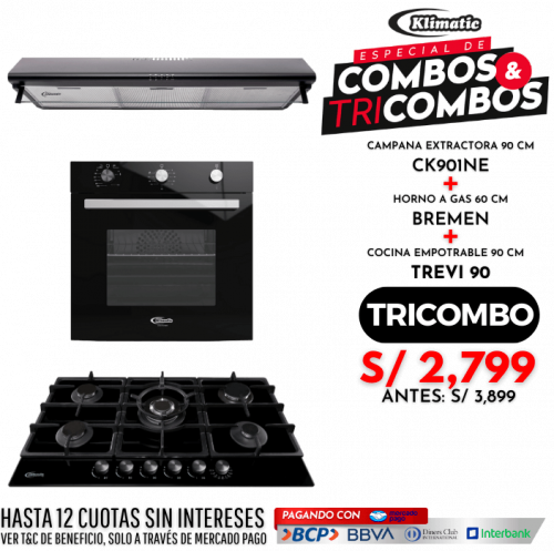 tricombo cocina empotrable 5 hornillas modelo trevi 90 + campana extractora ck901ne + horno empotrable a gas bremen marca klimatic