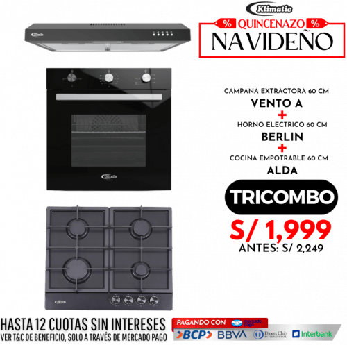 tricombo cocina empotrable a gas 4 hornillas alda + horno empotrable eléctrico berlin + campana extractora vento-a todo marca klimatic