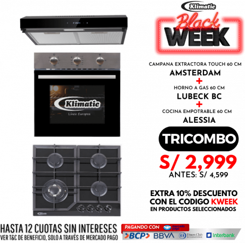 tricombo cocina empotrable a gas 4 hornillas modelo alessia + campana extractora modelo amsterdam marca + horno empotrable a gas modelo lubeck bc klimatic