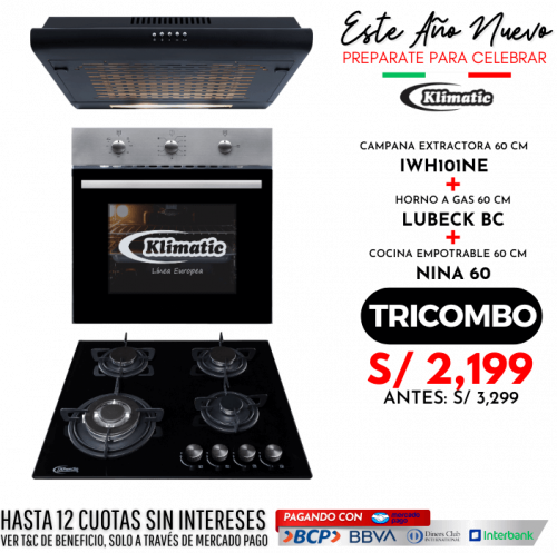 tricombo cocina empotrable a gas 4 hornillas nina 60 + campana extractora iwh101nem + horno empotrable a gas lubeck-bc marca klimatic