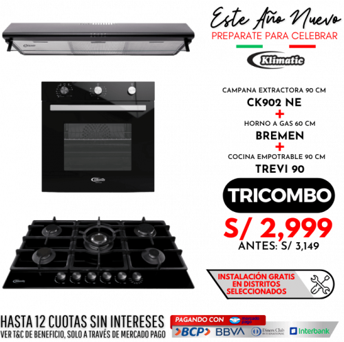 tricombo cocina empotrable a gas 5 hornillas trevi 90 + campana extractora ck902nem + horno empotrable a gas bremen marca klimatic