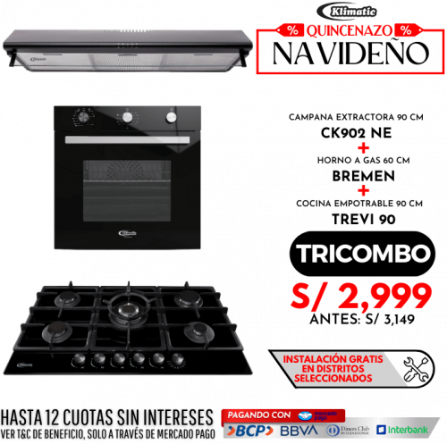 tricombo cocina empotrable a gas 5 hornillas trevi 90 + horno empotrable a gas bremen + campana extractora ck902ne todo marca klimatic